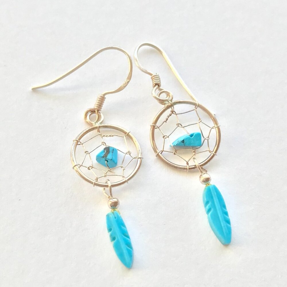Sterling Silver 925 and Turquoise Dreamcatcher Dangle Earrings | Boho